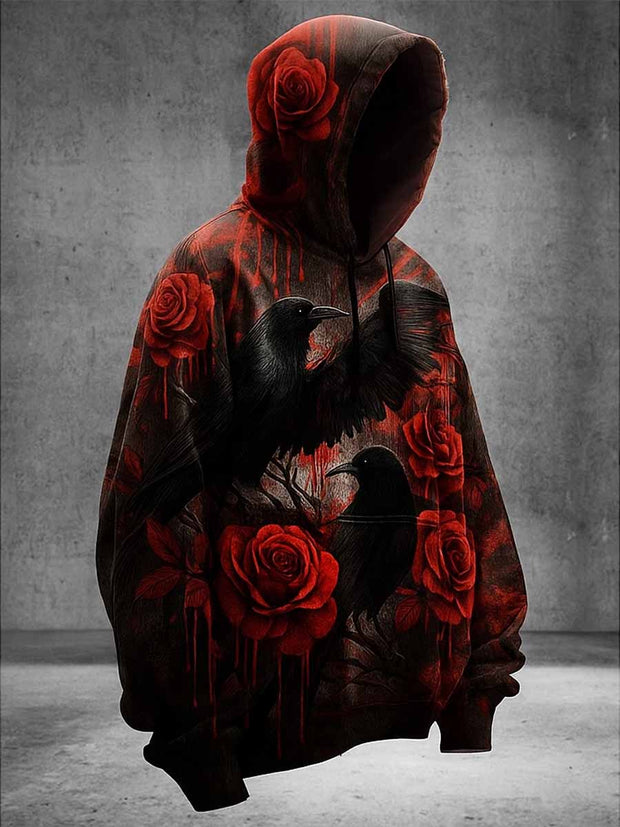 Gothic Halloween Floral Printed Vintage Round-Neck Drawstring Long-Sleeved Hoodie