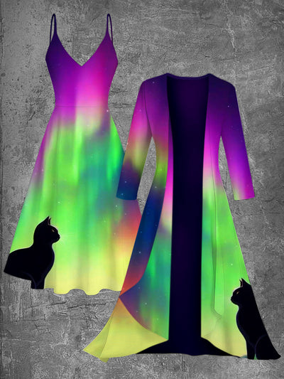 Retro Black Cat Art Printed Vintage Camisole Dress Long Sleeve Two-Piece Midi Dress