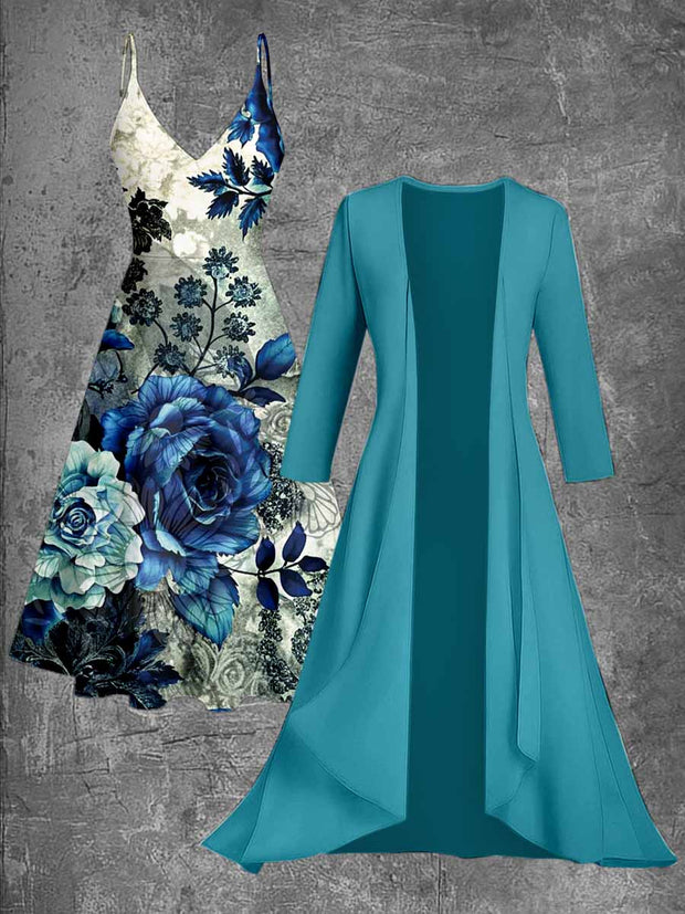 Retro Floral Printed Vintage Camisole Dress Long Sleeve Two-Piece Midi Dress