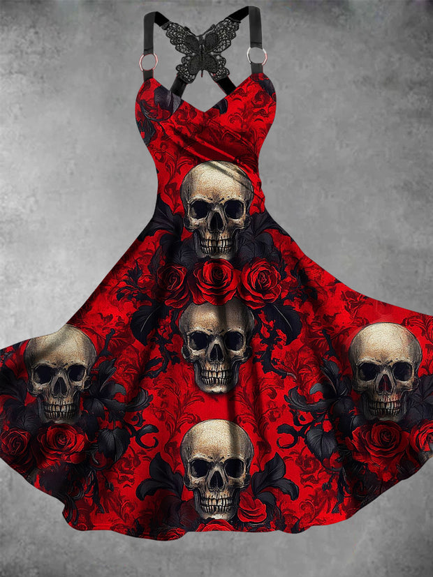 Retro Halloween Gothic Floral Art Printed Vintage V-Neck Pleated Butterfly Cross-Wrap Midi Dress