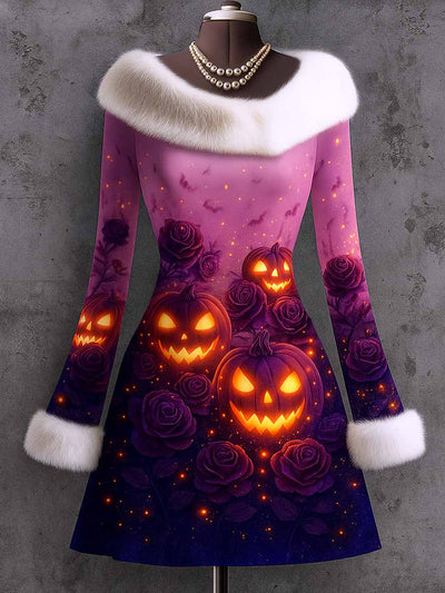 Gothic Pumpkin Art Print Vintage Elegant Furry Fur Collar Long Sleeve Midi Dress