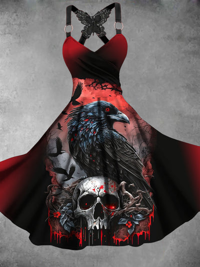 Halloween Gothic Crow Skull Art Print V-Neck Vintage Midi Dress