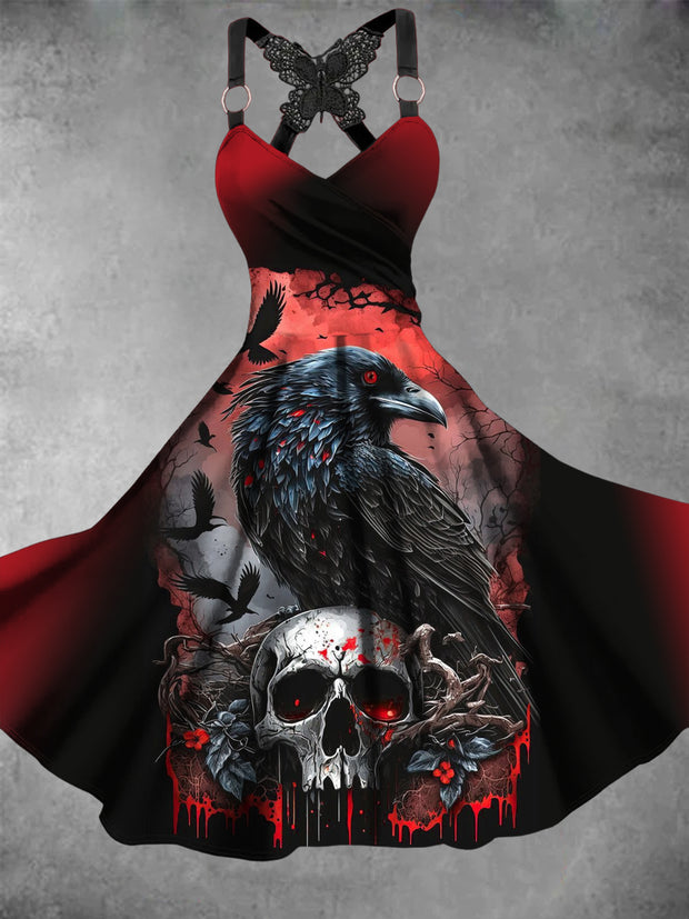 Halloween Gothic Crow Skull Art Print V-Neck Vintage Midi Dress