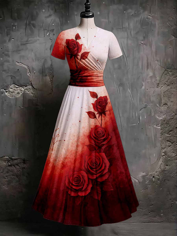 Gothic Blood Flower Art Print V-Neck Short Sleeve Vintage Midi Dress