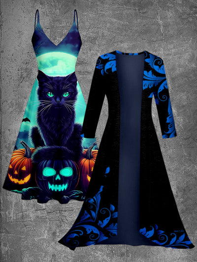 Retro Black Cat Art Printed Vintage Camisole Dress Long Sleeve Two-Piece Midi Dress