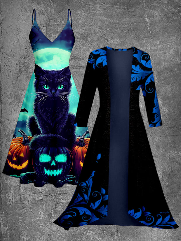 Retro Black Cat Art Printed Vintage Camisole Dress Long Sleeve Two-Piece Midi Dress