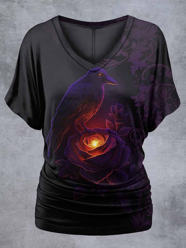 Retro Happy Halloween Floral Printed Vintage Lapel V-Neck Vintage Relaxed Loose Batwing Sleeve Top