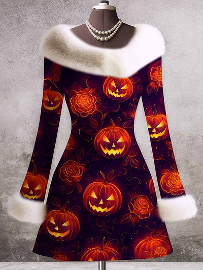 Gothic Pumpkin Art Print Vintage Elegant Furry Fur Collar Long Sleeve Midi Dress