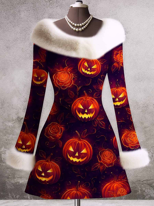 Gothic Pumpkin Art Print Vintage Elegant Furry Fur Collar Long Sleeve Midi Dress