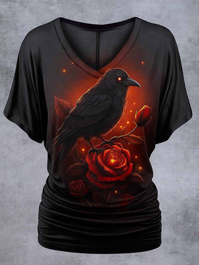 Retro Happy Halloween Floral Printed Vintage Lapel V-Neck Vintage Relaxed Loose Batwing Sleeve Top