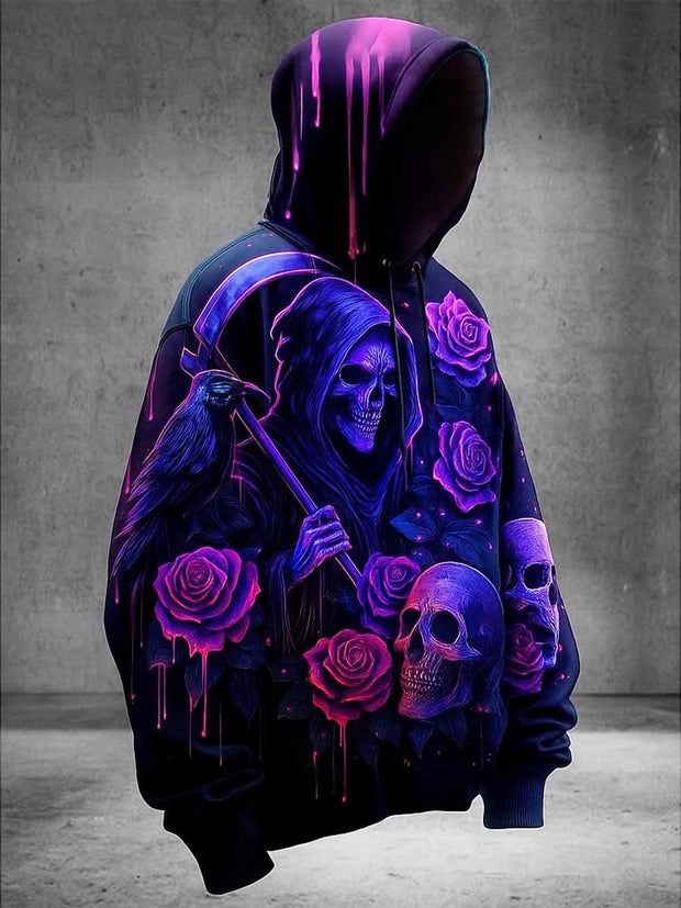 Gothic Halloween Floral Printed Vintage Round-Neck Drawstring Long-Sleeved Hoodie