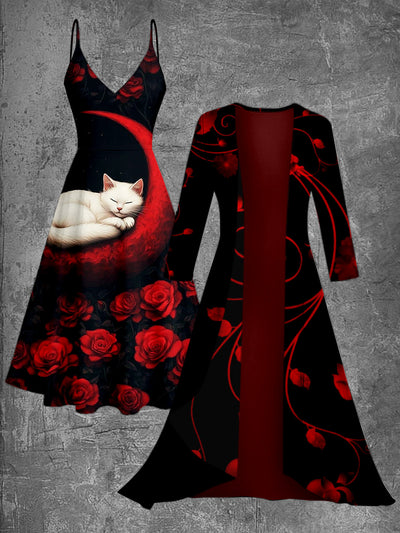 Retro Cat Floral Art Printed Vintage Camisole Dress Long Sleeve Two-Piece Midi Dress