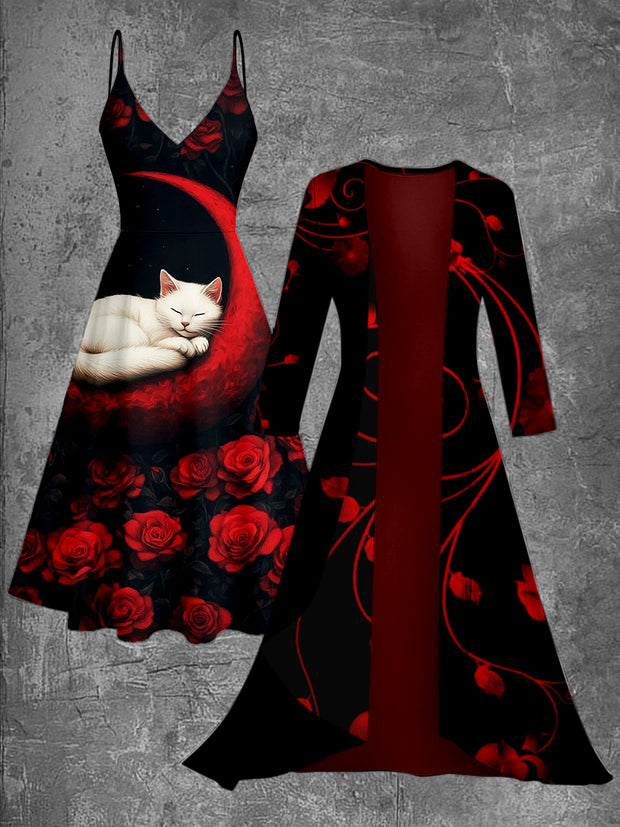 Retro Cat Floral Art Printed Vintage Camisole Dress Long Sleeve Two-Piece Midi Dress
