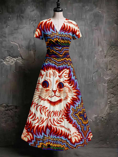 Retro Halloween Gothic Art Printed Vintage V-Neck Pleated Waist Short Sleeve Midi Dress