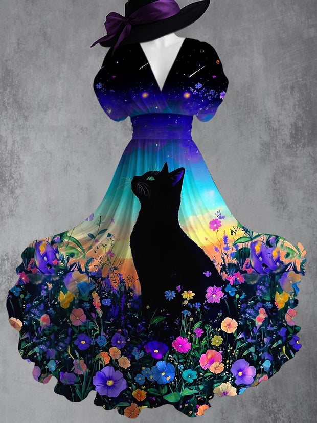 Retro Black Cat Art Printed Elegant V-Neck Vintage Batwing Short Sleeve Maxi Dress