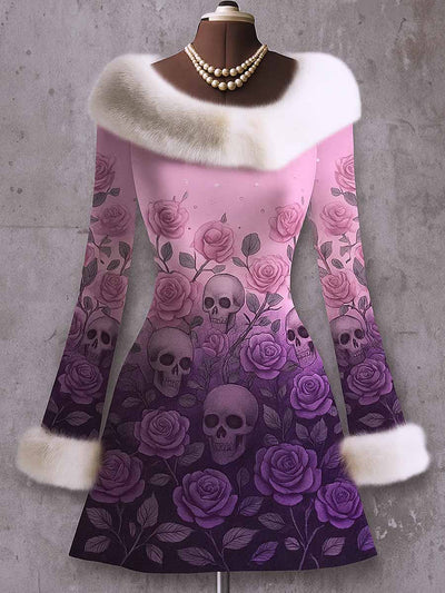 Gothic Skull Floral Art Printed Vintage Elegant Furry Fur Collar Long Sleeve Midi Dress