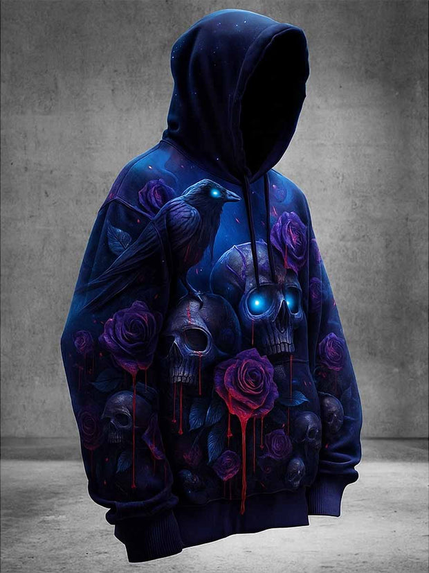 Gothic Halloween Floral Printed Vintage Round-Neck Drawstring Long-Sleeved Hoodie