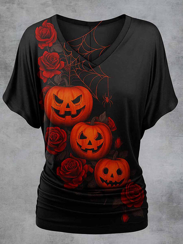 Retro Happy Halloween Floral Printed Vintage Lapel V-Neck Vintage Relaxed Loose Batwing Sleeve Top