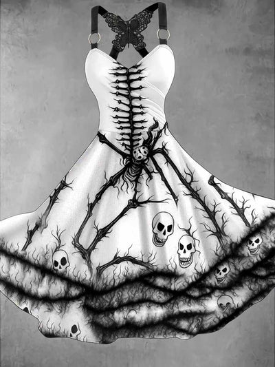 Retro Halloween Gothic Art Printed Vintage V-Neck Pleated Butterfly Cross-Wrap Midi Dress