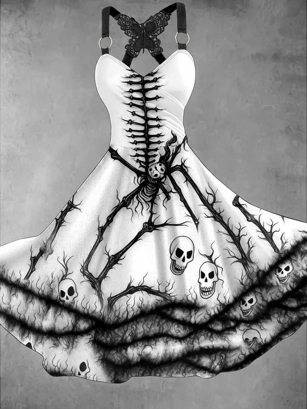 Retro Halloween Gothic Art Printed Vintage V-Neck Pleated Butterfly Cross-Wrap Midi Dress