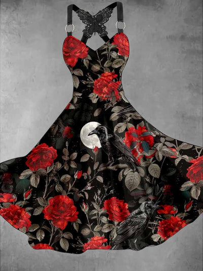Gothic Crow Floral Art Print Vintage V-Neck Midi Dress