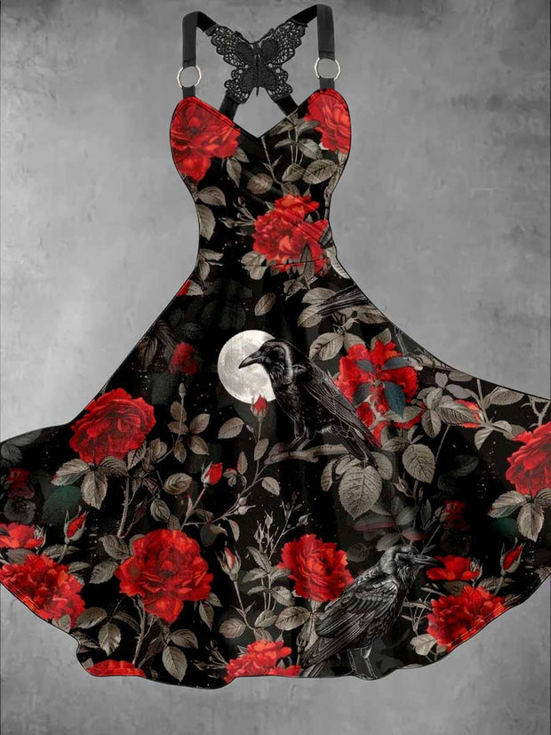 Gothic Crow Floral Art Print Vintage V-Neck Midi Dress