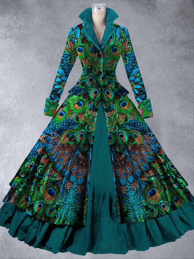 Peacock Feather Art Printed Vintage Lapel V-Neck Button Up Double Hem Long-Sleeved Midi Dress