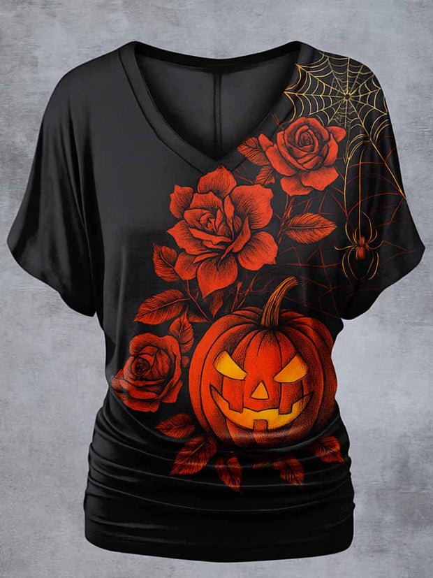 Retro Happy Halloween Floral Printed Vintage Lapel V-Neck Vintage Relaxed Loose Batwing Sleeve Top
