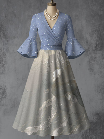 Retro Floral Art Printed V-Neck Vintage Chic Pleated Waist Flare Sleeve Midi Dress