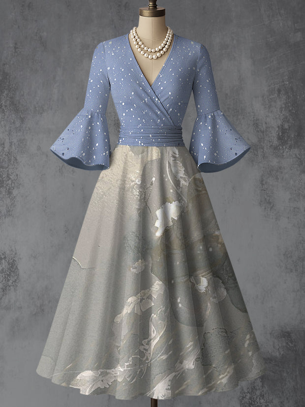 Retro Floral Art Printed V-Neck Vintage Chic Pleated Waist Flare Sleeve Midi Dress