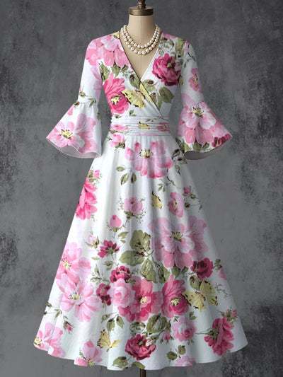 Floral Art Print V-Neck Flare Sleeve Vintage Elegant Dress