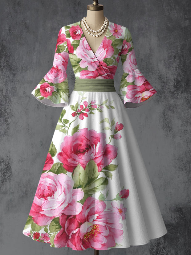 Floral Art Print V-Neck Flare Sleeve Vintage Elegant Dress
