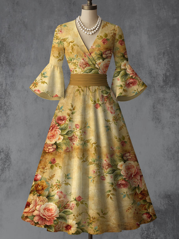 Retro Floral Art Printed V-Neck Vintage Chic Pleated Waist Flare Sleeve Midi Dress
