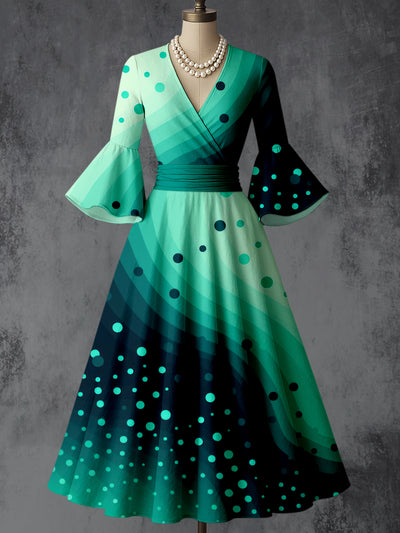Retro Floral Art Printed V-Neck Vintage Chic Pleated Waist Flare Sleeve Midi Dress