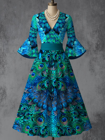 Retro Floral Art Printed V-Neck Vintage Chic Pleated Waist Flare Sleeve Midi Dress