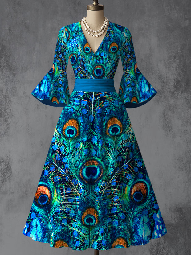 Retro Floral Art Printed V-Neck Vintage Chic Pleated Waist Flare Sleeve Midi Dress