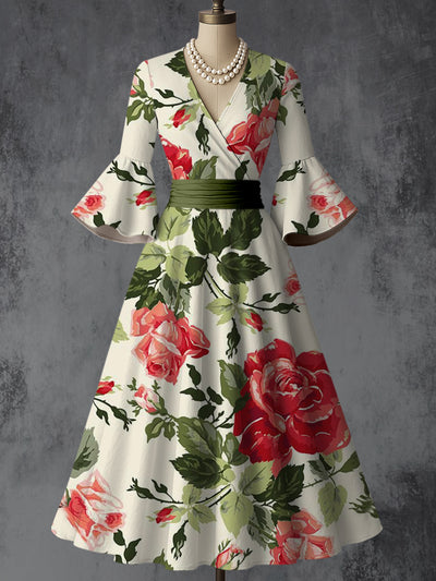 Retro Floral Art Printed V-Neck Vintage Chic Pleated Waist Flare Sleeve Midi Dress