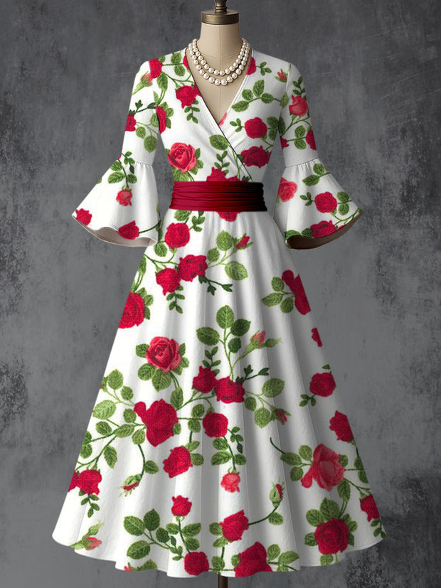 Retro Floral Art Printed V-Neck Vintage Chic Pleated Waist Flare Sleeve Midi Dress