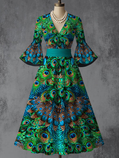 Peacock Feather Art Print V-Neck Flare Sleeve Vintage Elegant Dress