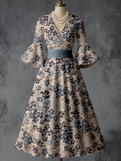Retro Floral Art Printed V-Neck Vintage Chic Pleated Waist Flare Sleeve Midi Dress