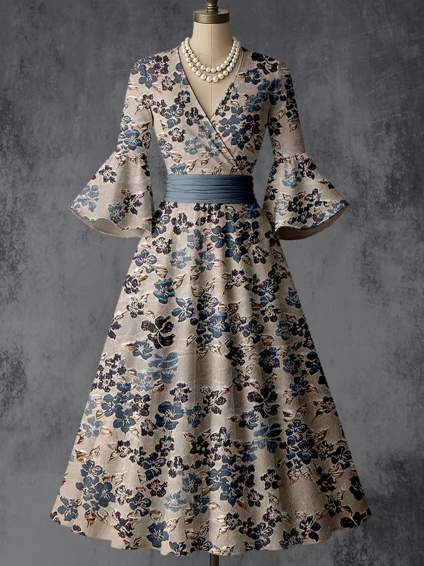 Retro Floral Art Printed V-Neck Vintage Chic Pleated Waist Flare Sleeve Midi Dress