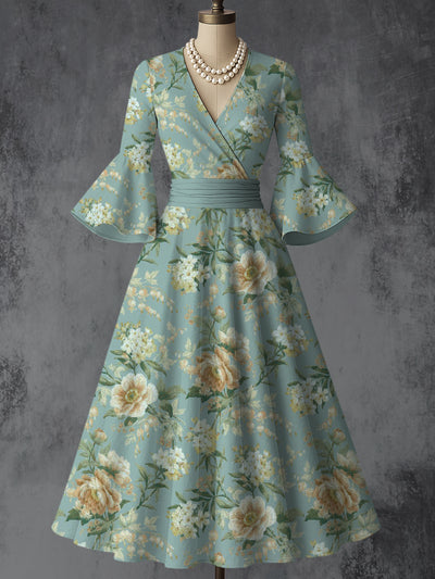 Retro Floral Art Printed V-Neck Vintage Chic Pleated Waist Flare Sleeve Midi Dress