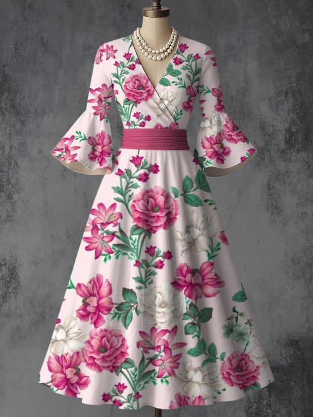 Retro Floral Art Printed V-Neck Vintage Chic Pleated Waist Flare Sleeve Midi Dress
