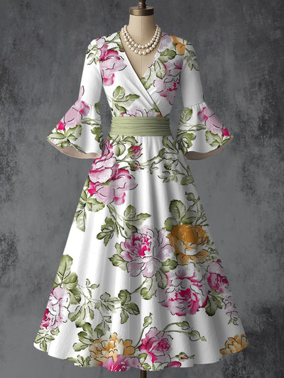 Retro Floral Art Printed V-Neck Vintage Chic Pleated Waist Flare Sleeve Midi Dress