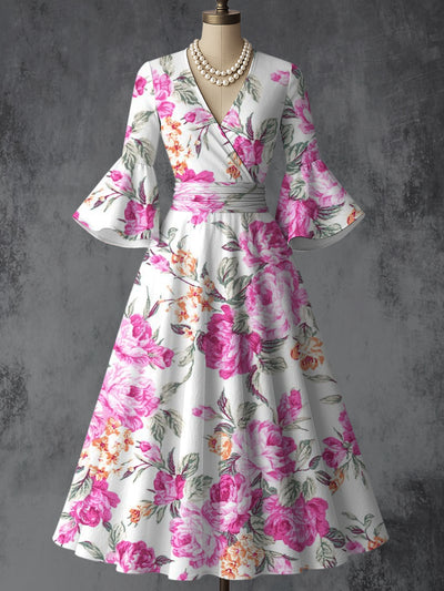 Retro Floral Art Printed V-Neck Vintage Chic Pleated Waist Flare Sleeve Midi Dress