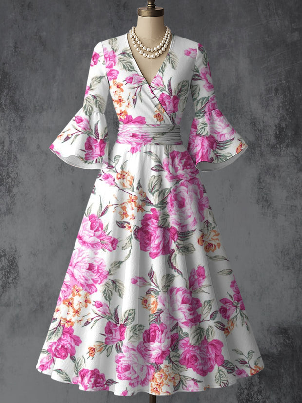 Retro Floral Art Printed V-Neck Vintage Chic Pleated Waist Flare Sleeve Midi Dress