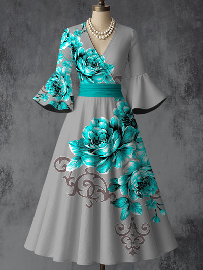 Retro Floral Art Printed V-Neck Vintage Chic Pleated Waist Flare Sleeve Midi Dress