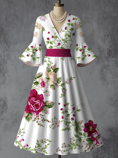 Retro Floral Art Printed V-Neck Vintage Chic Pleated Waist Flare Sleeve Midi Dress