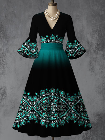 Retro Floral Art Printed V-Neck Vintage Chic Pleated Waist Flare Sleeve Midi Dress