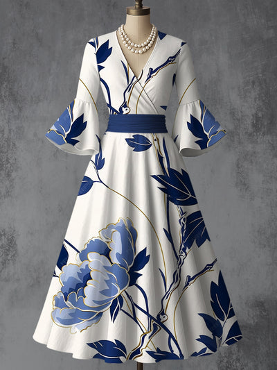 Retro Floral Art Printed V-Neck Vintage Chic Pleated Waist Flare Sleeve Midi Dress